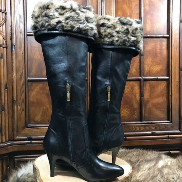 Guess Genuine Leather Leopard Faux Fur Knee High/Over the Knee Logo Ring Boot - Picture 4 of 16